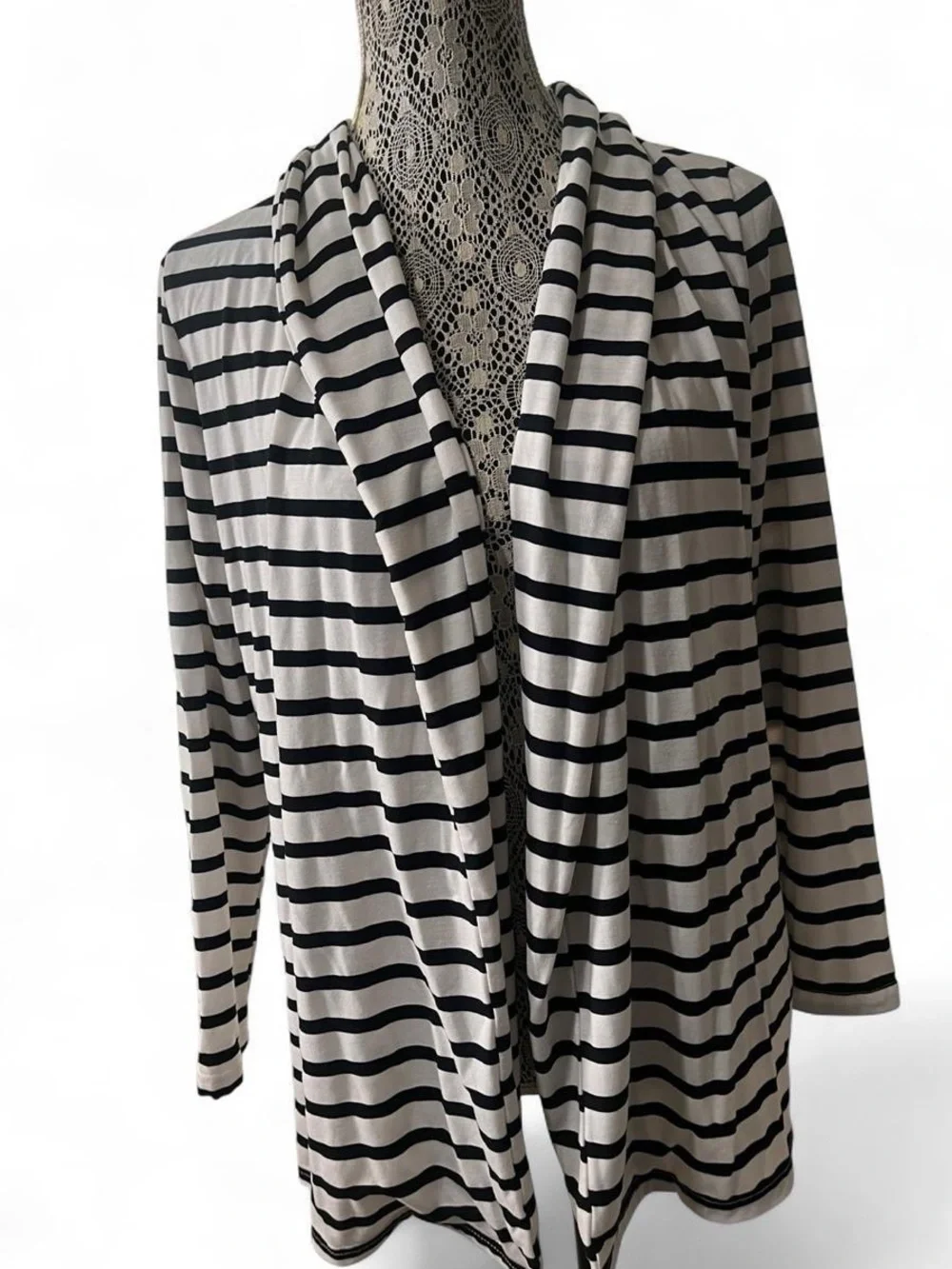 Tickled Teal Striped Open-Front Cardigan - White & Black